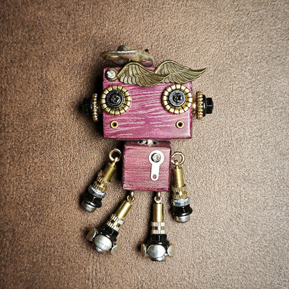 Handmade Vintage Robot Pendant – Wooden & Alloy Mixed-Material Charm