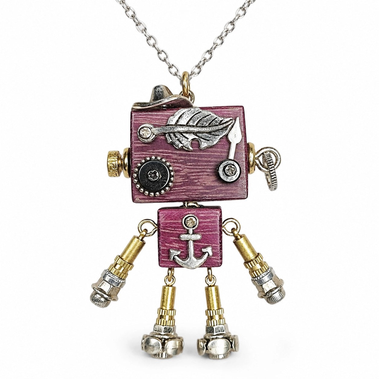 Retro Brass Robot Charm Necklace