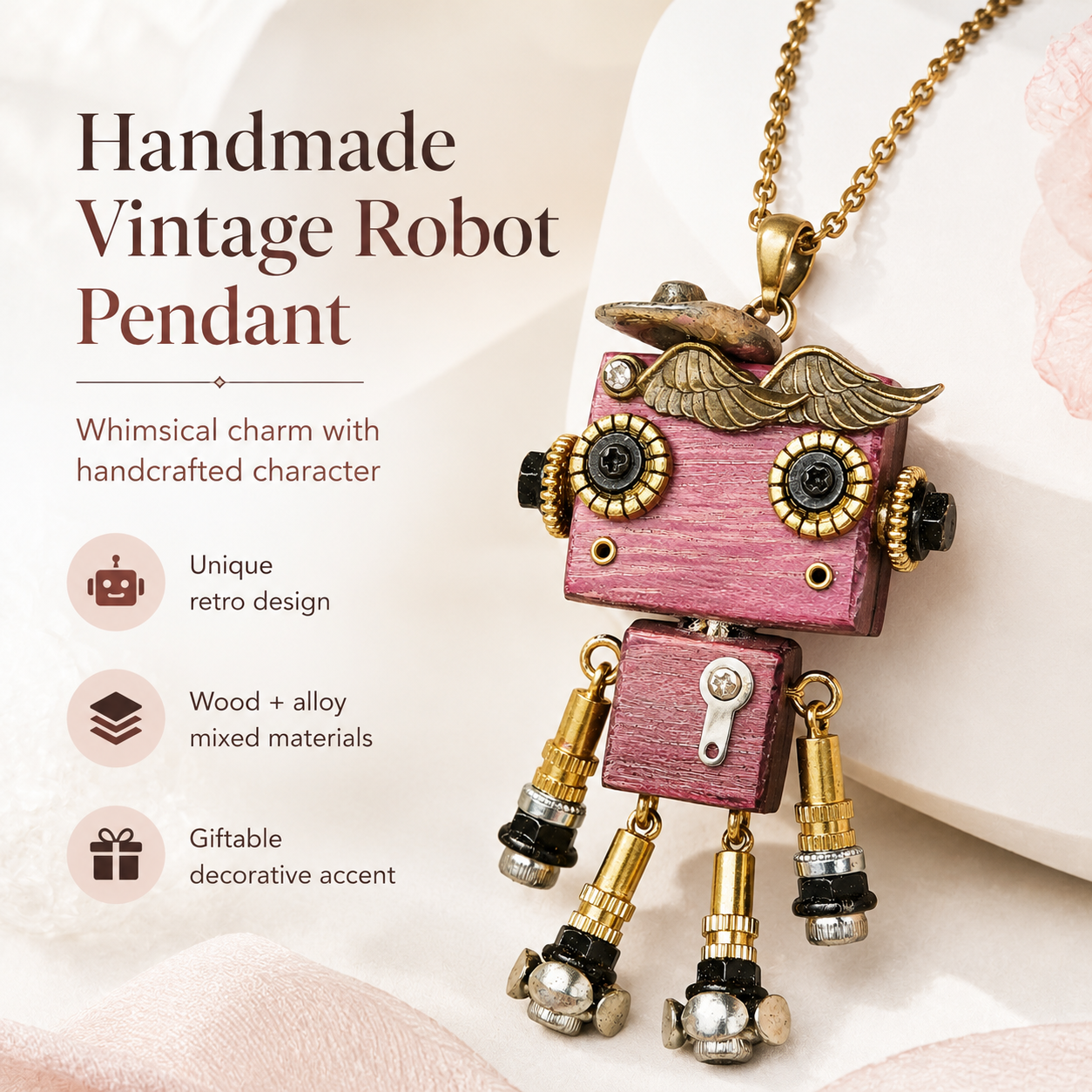 Handmade Vintage Robot Pendant – Wooden & Alloy Mixed-Material Charm
