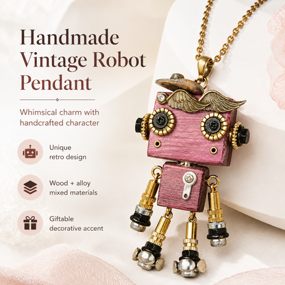 Handmade Vintage Robot Pendant – Wooden & Alloy Mixed-Material Charm