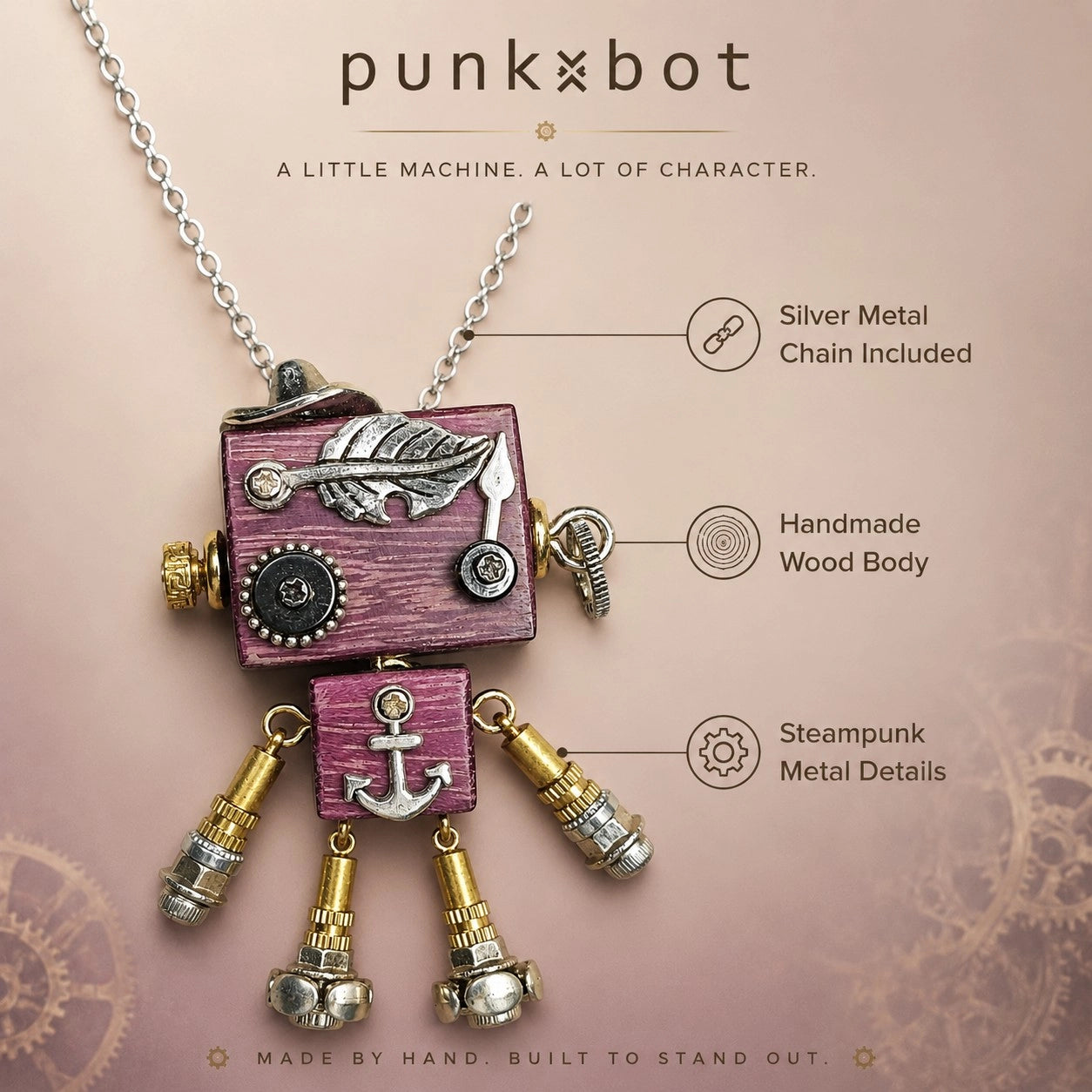 Retro Brass Robot Charm Necklace