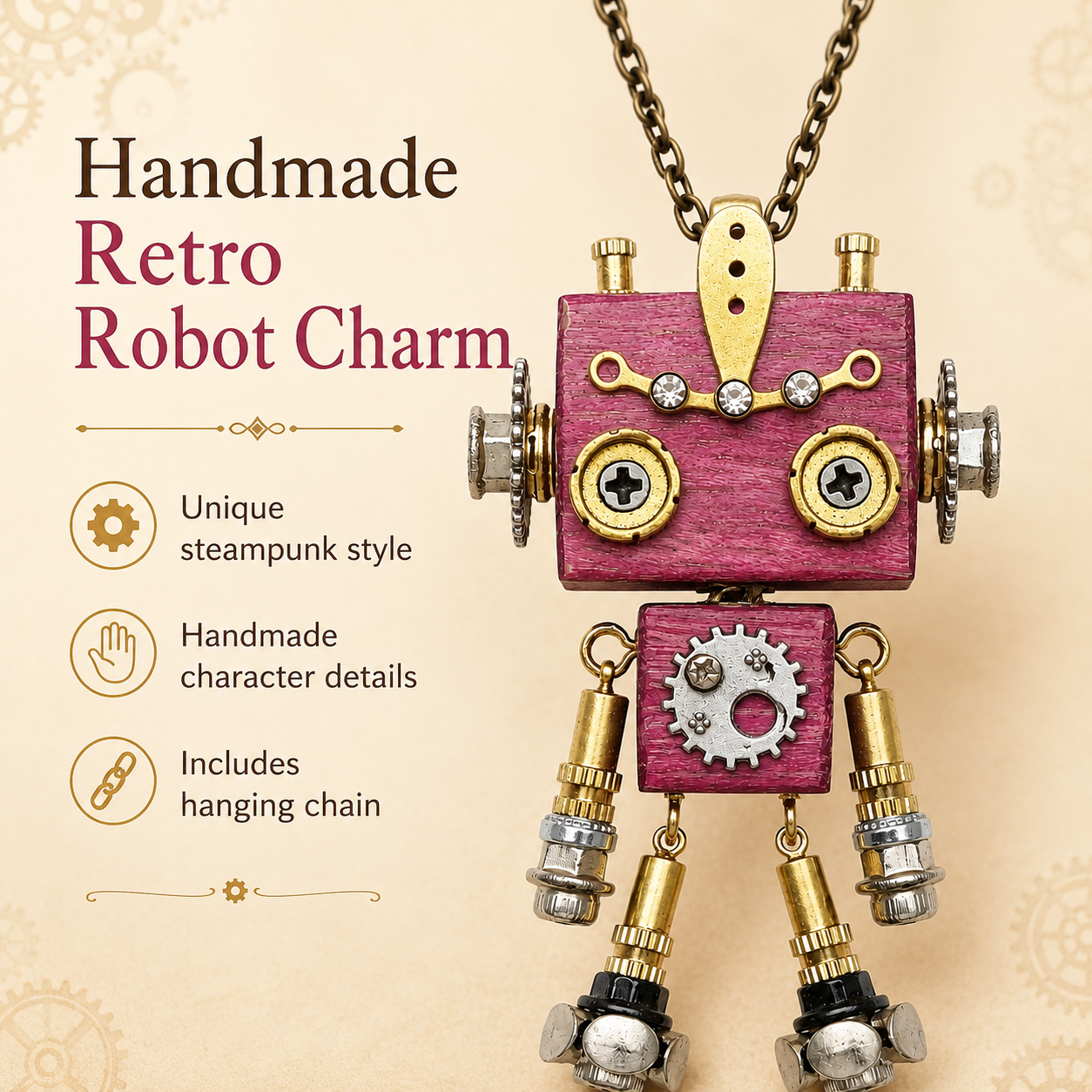 Handmade Steampunk Robot Charm with Hanging Chain