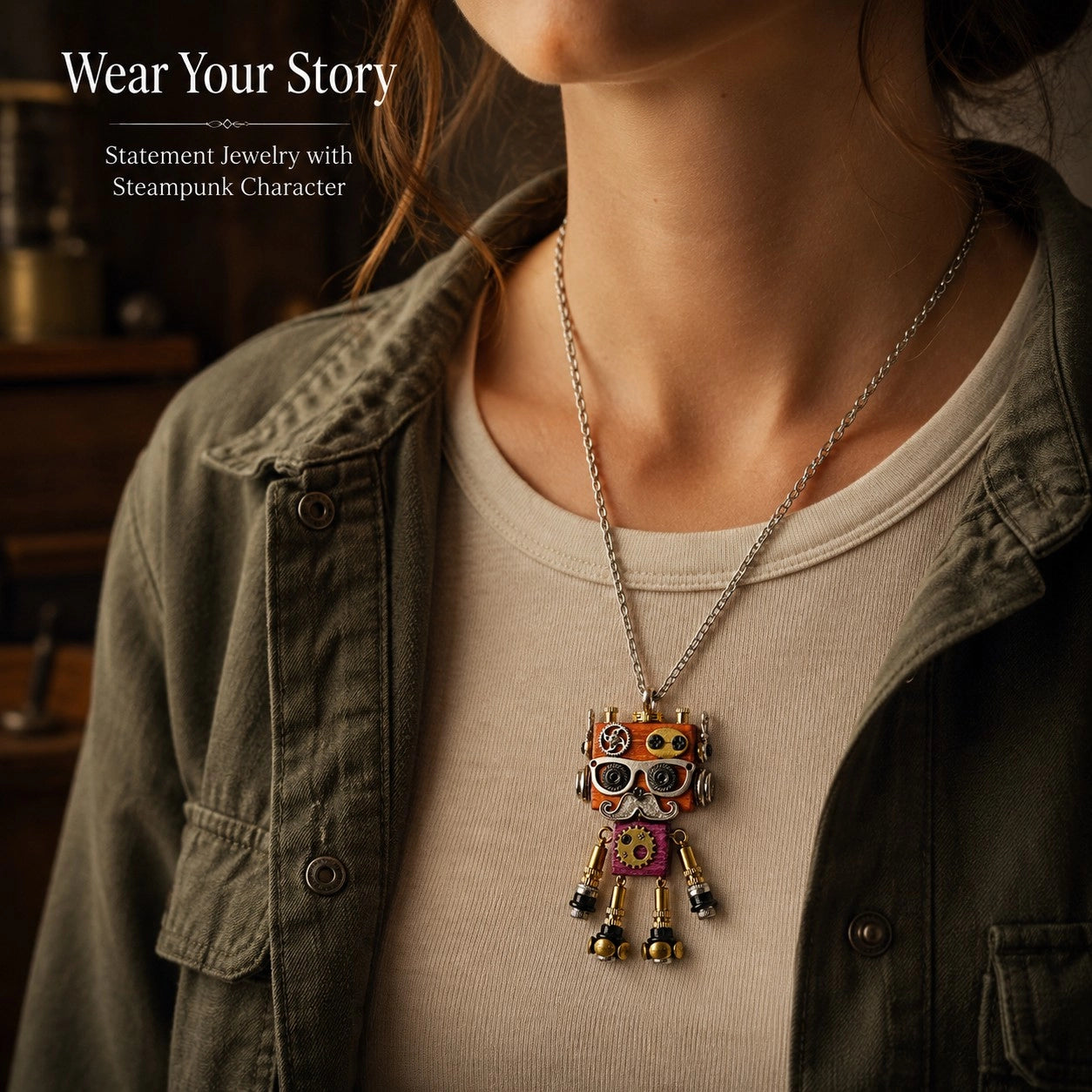 Gold Bronze Robot Necklace