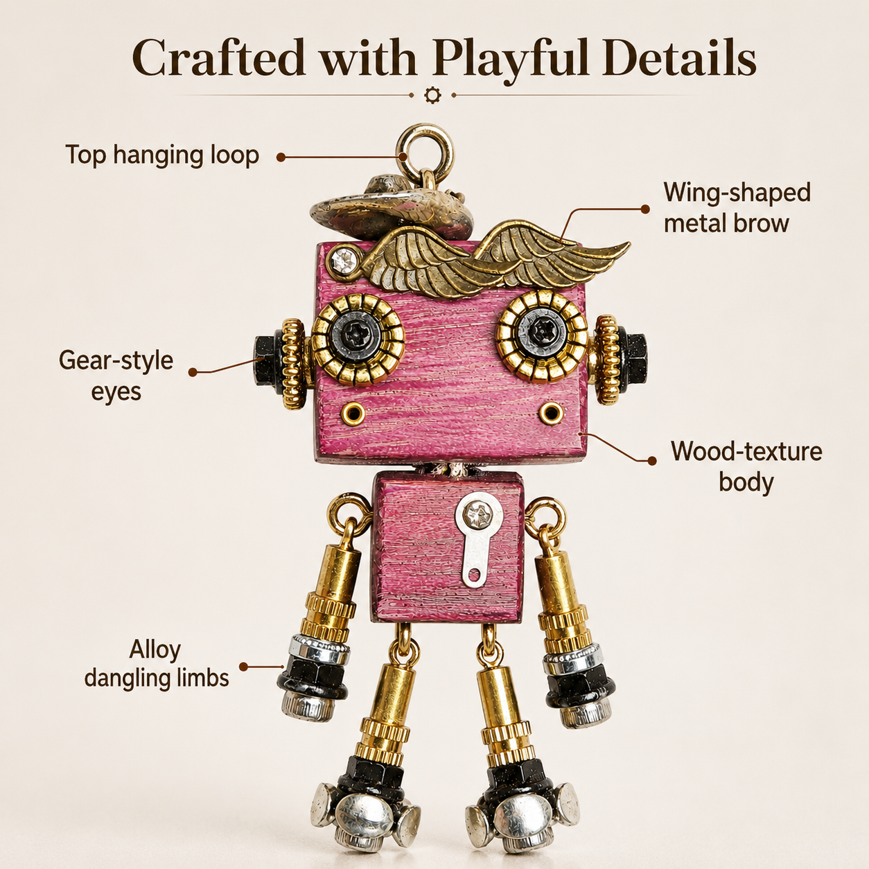Handmade Vintage Robot Pendant – Wooden & Alloy Mixed-Material Charm
