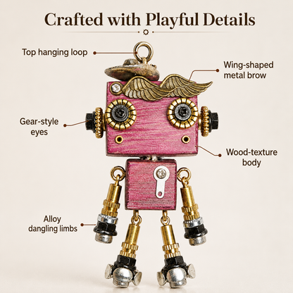 Handmade Vintage Robot Pendant – Wooden & Alloy Mixed-Material Charm