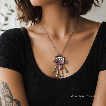 Retro Brass Robot Charm Necklace