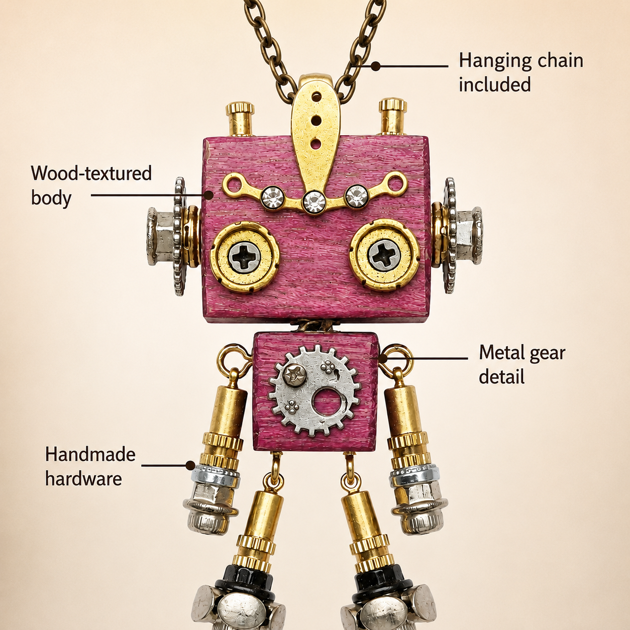 Handmade Steampunk Robot Charm with Hanging Chain