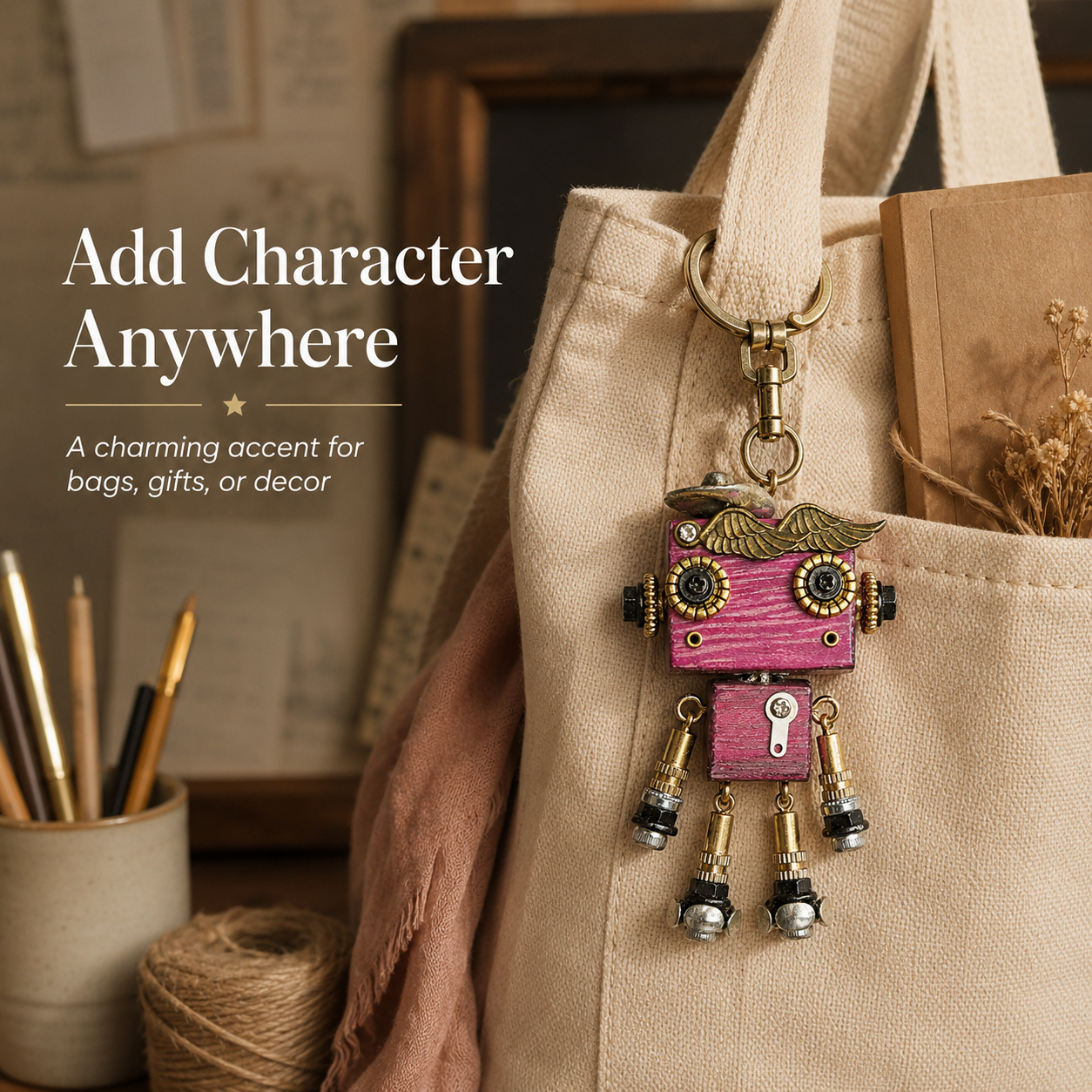 Handmade Vintage Robot Pendant – Wooden & Alloy Mixed-Material Charm
