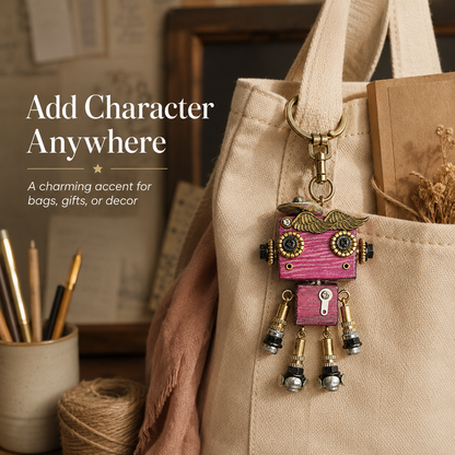 Handmade Vintage Robot Pendant – Wooden & Alloy Mixed-Material Charm