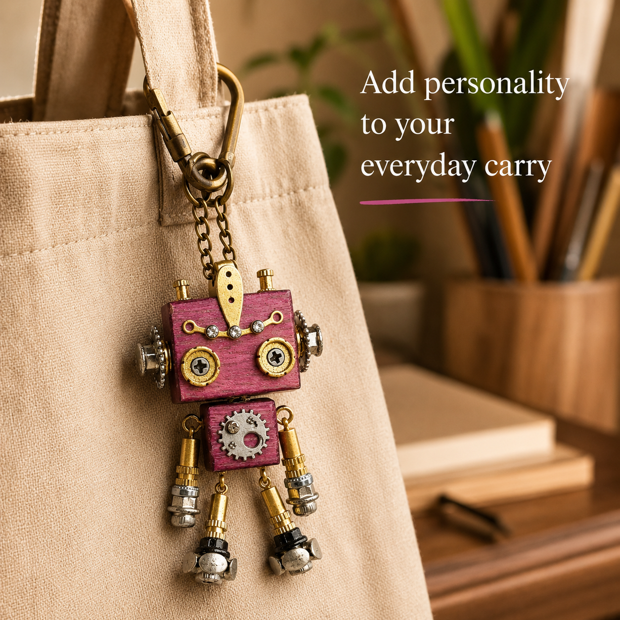 Handmade Steampunk Robot Charm with Hanging Chain
