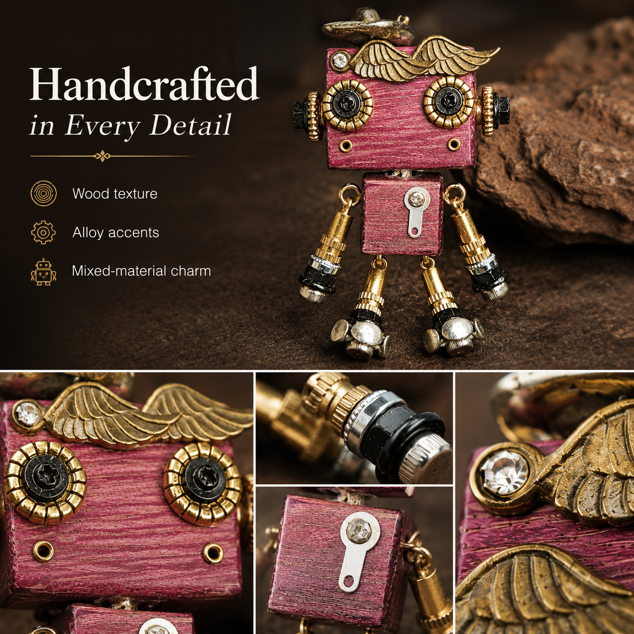 Handmade Vintage Robot Pendant – Wooden & Alloy Mixed-Material Charm
