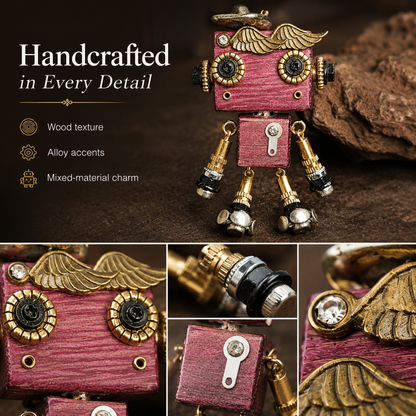 Handmade Vintage Robot Pendant – Wooden & Alloy Mixed-Material Charm