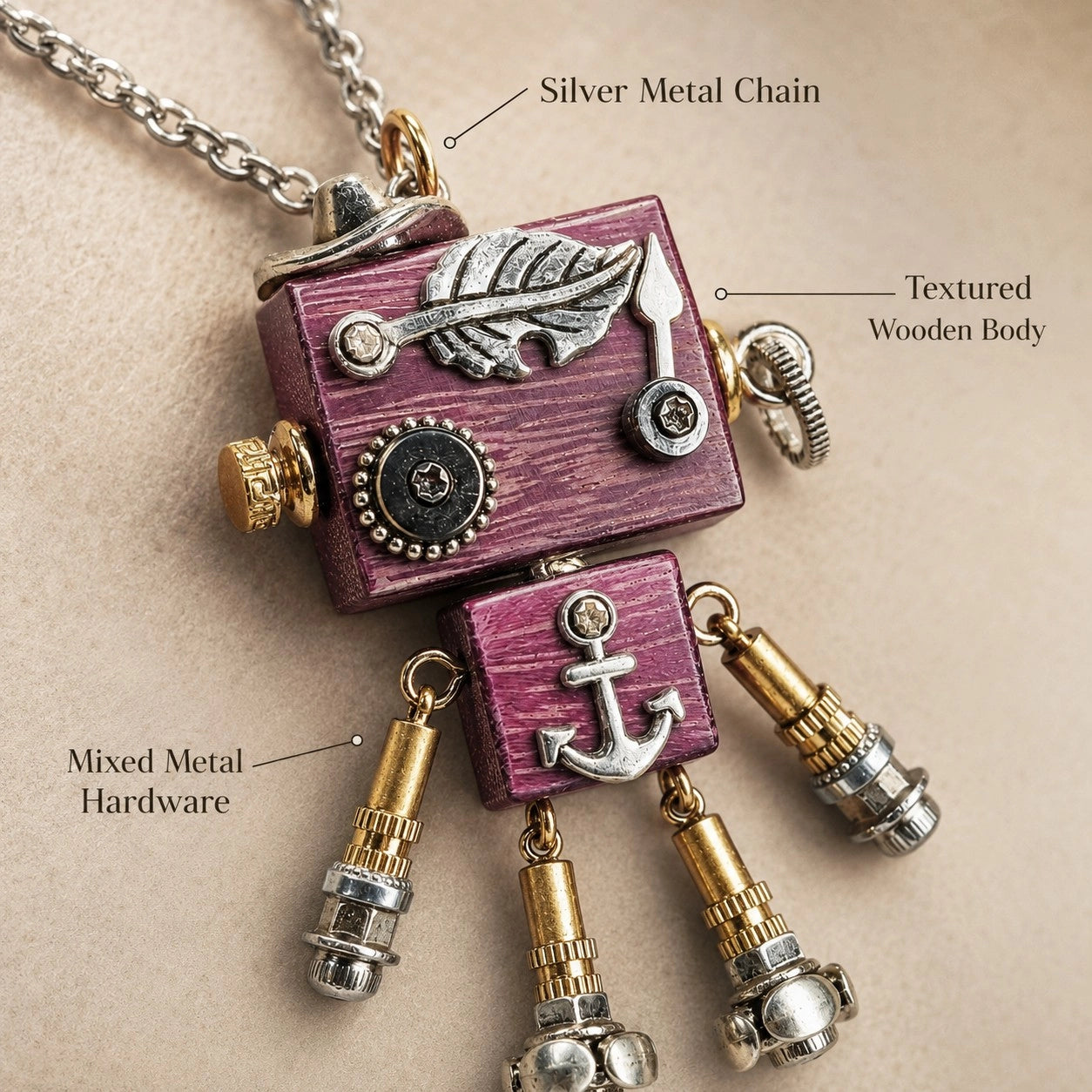 Retro Brass Robot Charm Necklace