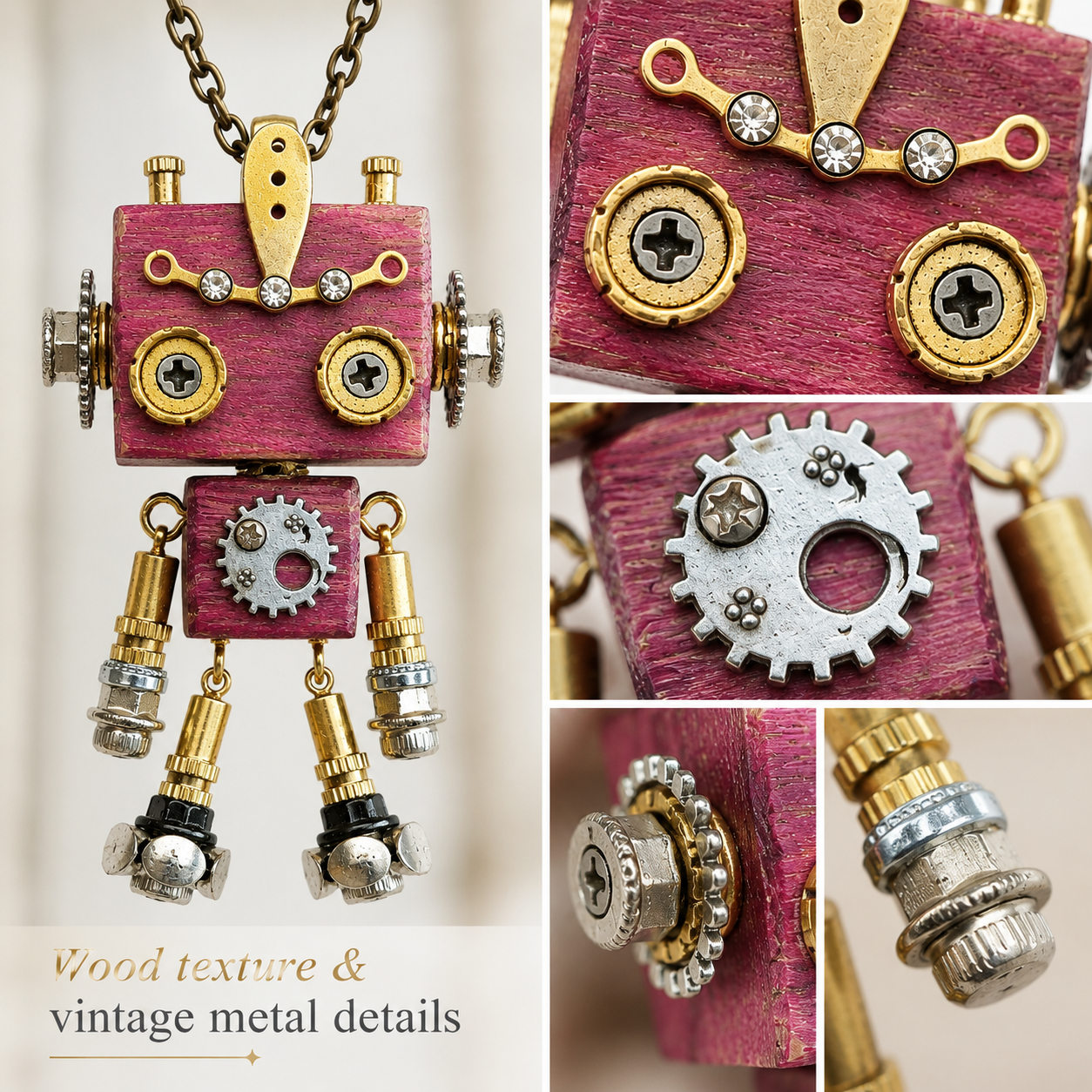 Handmade Steampunk Robot Charm with Hanging Chain