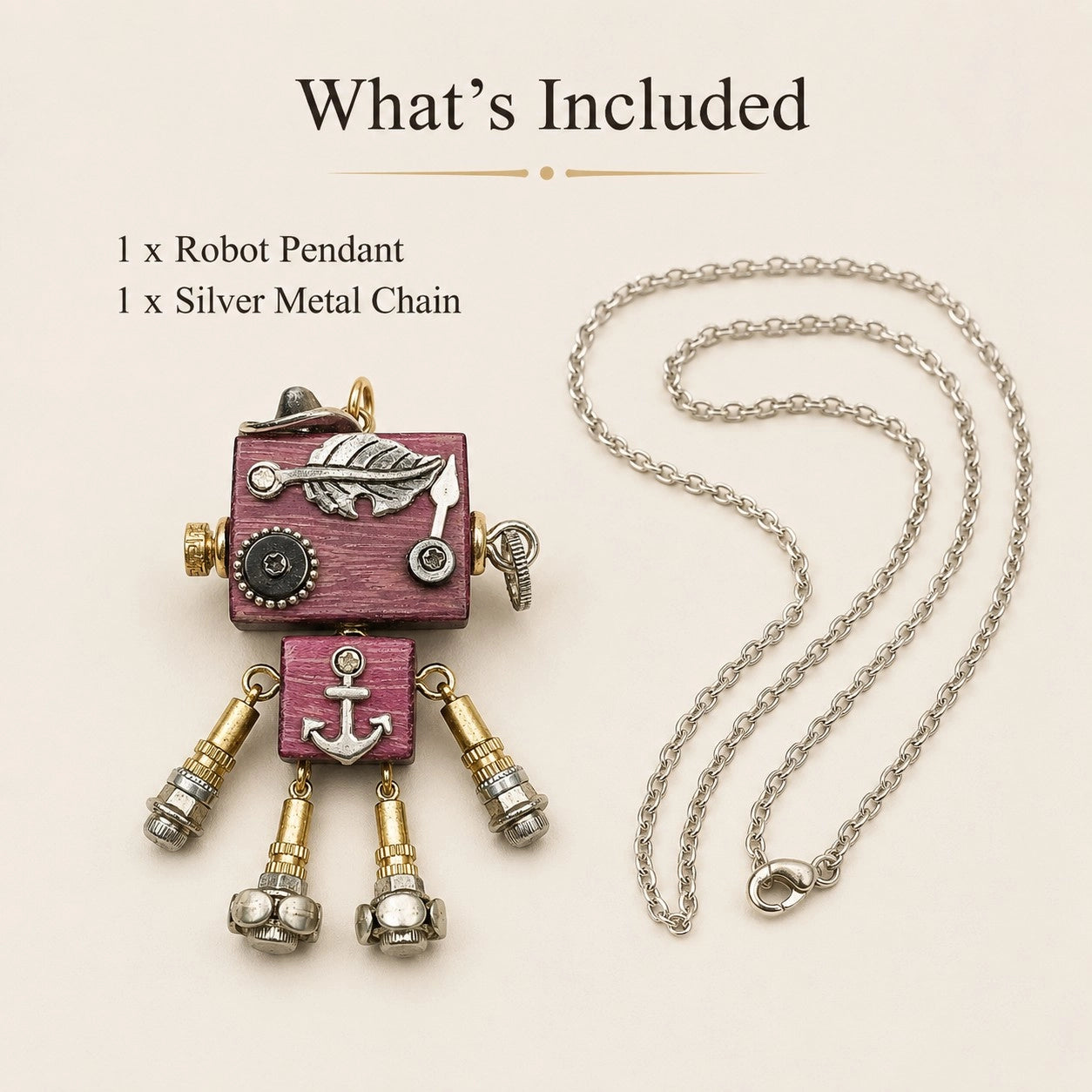 Retro Brass Robot Charm Necklace