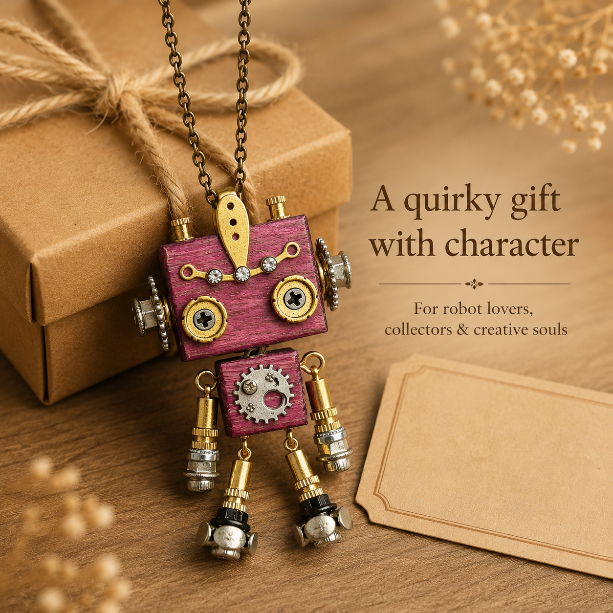 Handmade Steampunk Robot Charm with Hanging Chain