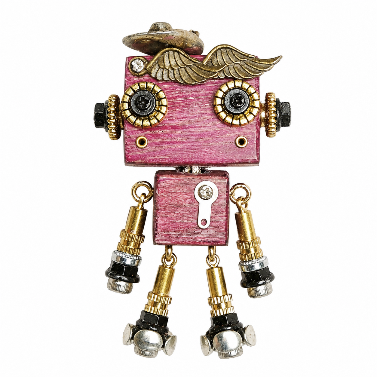 Handmade Vintage Robot Pendant – Wooden & Alloy Mixed-Material Charm